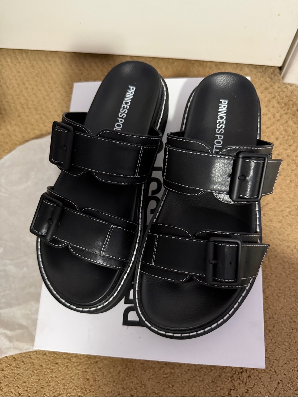Princess Polly Black Double-Buckle Platform Slide Sandals